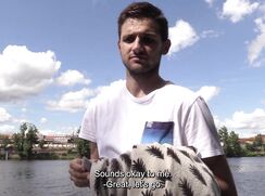 CH 715, Camera guy pays a young guy in an ff white T with a black and blue chest pock