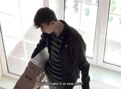 CH 718, Camera guy pays a young guy in a delivery boy in a striped T and a grey jacke