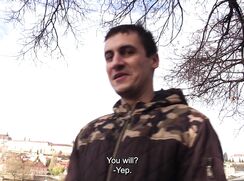 CH 732, Camera guy pays a young guy in a brown jacket with a camo top, sitting on a b