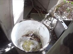 two friends pissing together in a pot in an abandoned house