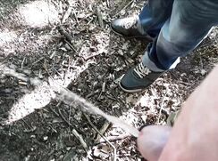 a good friend is holding my pissing cock in the woods