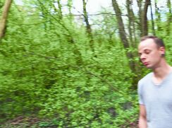 CH 742, Camera guy pays a young guy in a blue T walking in the woods, to suck and be