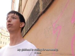 CH 745, Camera guy pays a young guy in a white T walking down a street, to suck and b