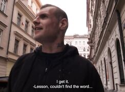 CH 746, Camera guy pays a young guy in a black hoodie walking down a cobble street, t