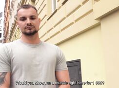 CH 749, Camera guy pays a young muscle guy in a light grey T and shorts, to suck and