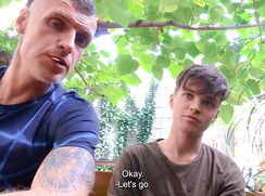 CH 753, Camera guy pays a young guy in a blue star patterned T having his breakfast a