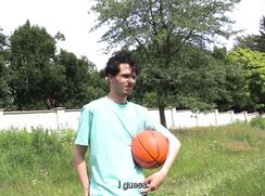 CH 756, Camera guy pays a young guy in a blue T, black shorts, and carrying a basket