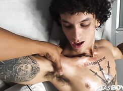 Tattooed Latino Handjob in Shower