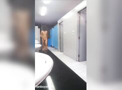 TBS - Tanboy sowingh my masturbation walking around naked in public bathroom