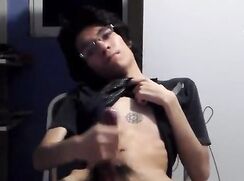 Cute hispanic boy jerks his long cock and cums