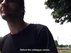 CH 801, Camera guy pays a young guy, in a black T by a barrier on the road, to suck a