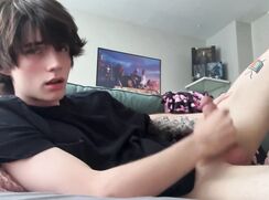 College boy home alone sits back and jerks off