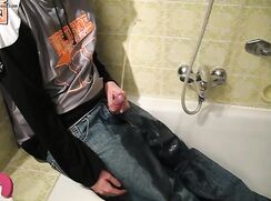 Boy doing watersports and cums in bathroom