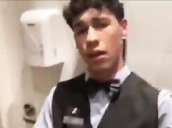 Hotel bellboy wants in a bathroom