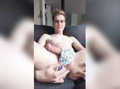 Zac-twink in panties fingers himself and cums
