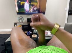 Jerking off his big black cock and cums