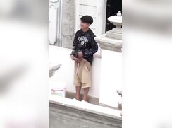 Exhibitionist twink caught jerking-off, showing big dick, outside