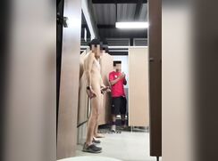 Outside the shower stall - no cum