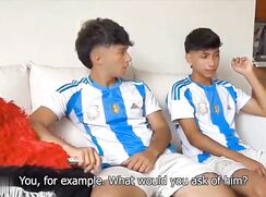 Two Latino soccer players are persuaded to take each others cocks in their mouths