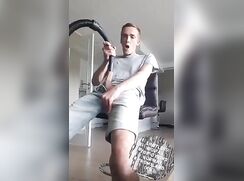 Skinny Twink Vacuums Cock in Gray Tee
