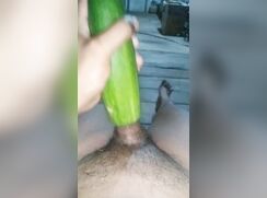 Straight boy wank using cucumber