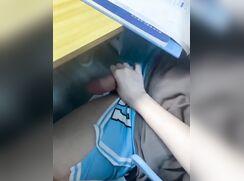 Stroking my friend's dick in the classroom