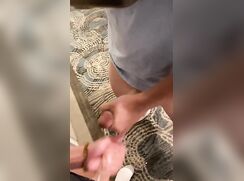 Jerking off with this hung baseball player in the hotel hallway. Watch him shoot