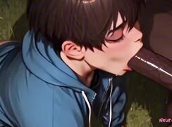 Cute slim femboy takes deep big black cock on the grass outside