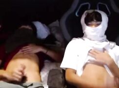 College friends jerk-off together for a girl online.