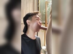 Hat on backwards guy gets a blowjob then sucks off the blower. He cums on his face!