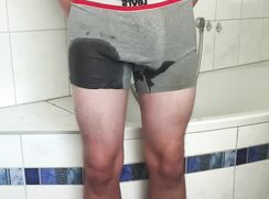 Pissing myself in grey Boxers
