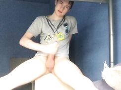 Levi Miller look-a-like cums on his bed