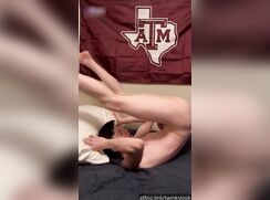 Flexible white twink eating his own cum