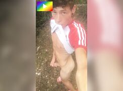 SW - Young skinny twink on a naked hike in the woods wanking his big uncut cock