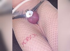 Fishnets Femboy Cums Hands Free In Chastity