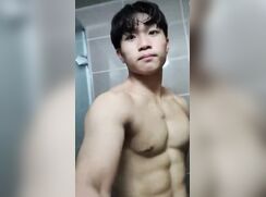 Korean muscle twink jerks off and showers!