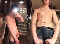 Cute boy aroused guy masturbates with a finger in his ass and cums on his own face