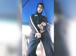 Young police assistent show enormous dick for girl in public