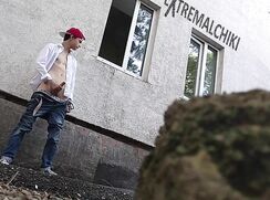 Russian Twink Jerks Shaved Uncut Cock Outdoors