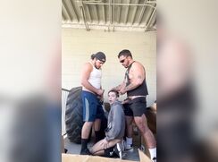 Fag throat fucked by two studs