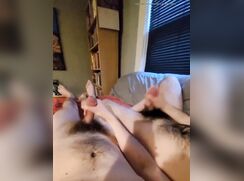 Bushy boys jerk and cum together