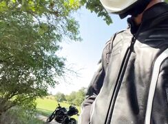 Motorcycle twink cums in forest
