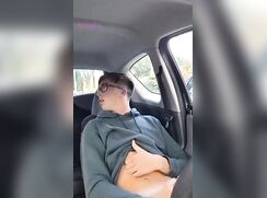 Nerdy dude shoots big load in his car