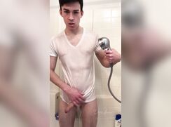Playing in the shower with my shirt on