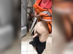 Uncut latino jerks and cums at work