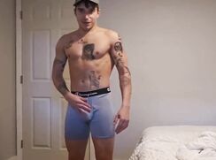 Hot boy wanks and cums in his boxer