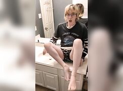 Blond Glasses Femboi Slender wanks off on the Bathroom Sink - AI Enhanced