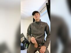 Young Guy in Work Jacket Jerks Off His Big Cock Until He Cums