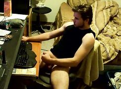 Hot dude caught jerking his big cock at his desk