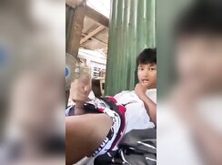Handsome guy jerks-off in the workshop